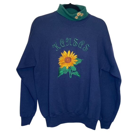 Vintage 90s Kansas Embroidered Sunflower Turtleneck Sweatshirt Grandma Nana L - Picture 1 of 7